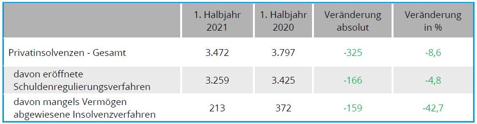 Privatinsolvenzstatistik, 1. Halbjahr 2021